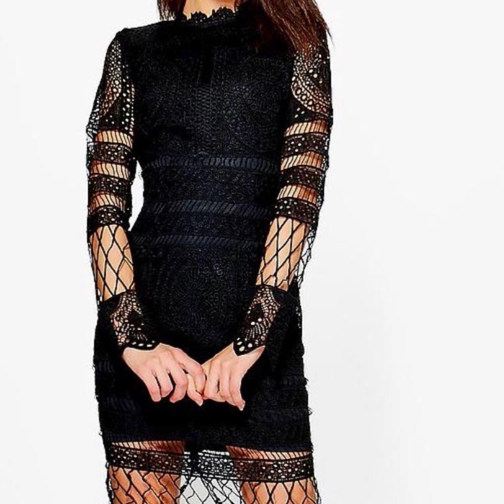 Black lace dress midi long sleeve